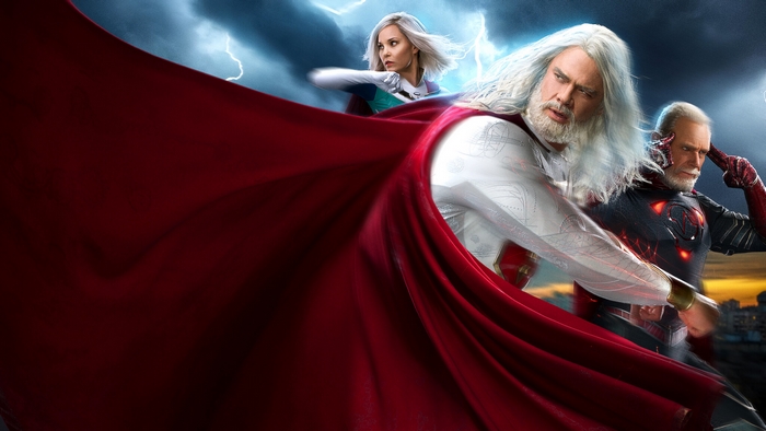 Jupiter's Legacy characters with red cape and lightning