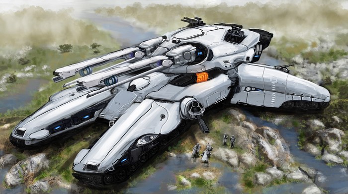 Sci-fi tank vehicle in a landscape with soldiers
