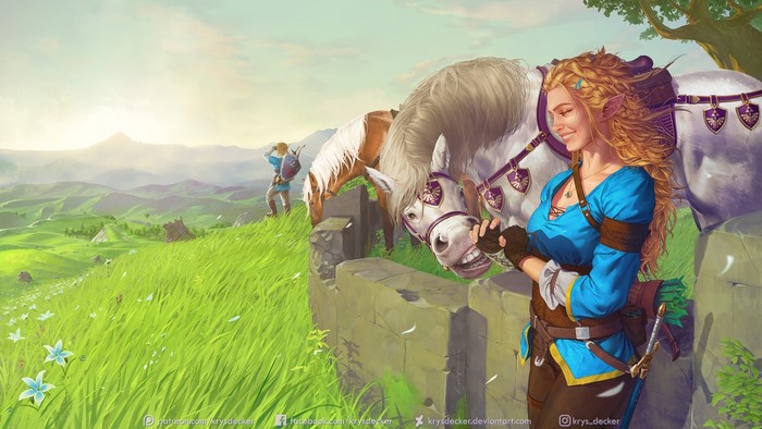 Princess Zelda and Link from The Legend of Zelda: Breath of the Wild with horses