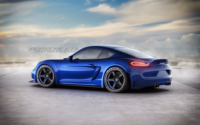 Blue Porsche GT4 on a concrete surface with ocean background