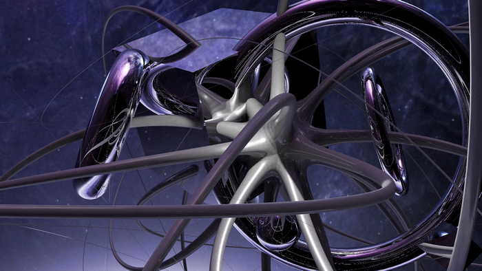 Abstract 3D digital art with violet rings and spheres