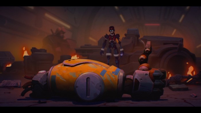 Robot arm and standing robot in a destroyed area
