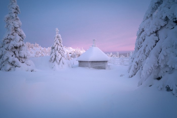 Snow-covered hut and trees in winter landscape