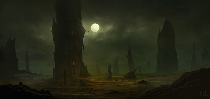 Yuri Hill dark fantasy landscape with moon