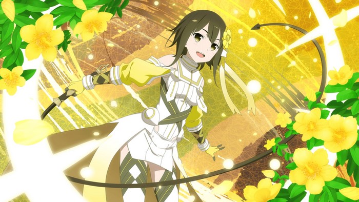 Girl in white and yellow outfit with yellow flowers