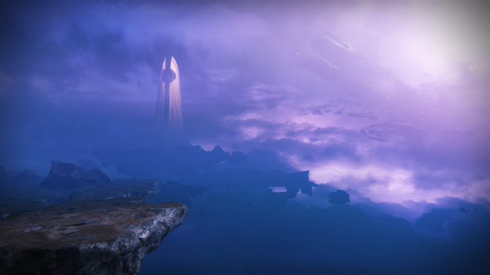 Destiny 2: A colossal alien structure pierces a purple, cloudy sky.