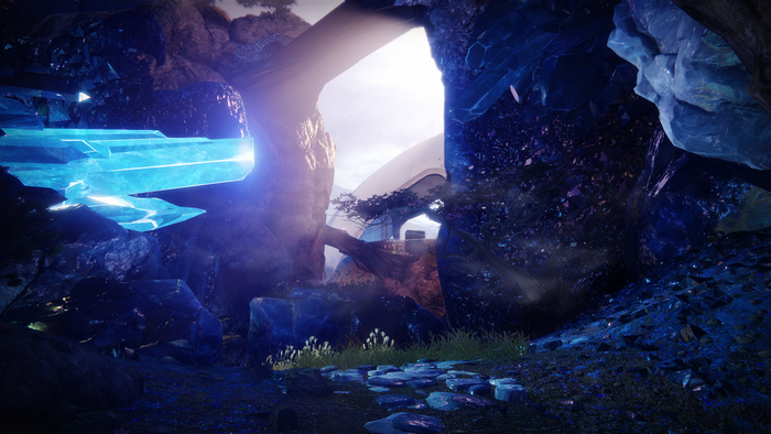 Destiny 2 cave with glowing crystals