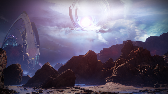 Destiny 2: Alien Landscape with Structure and Ringed Anomaly