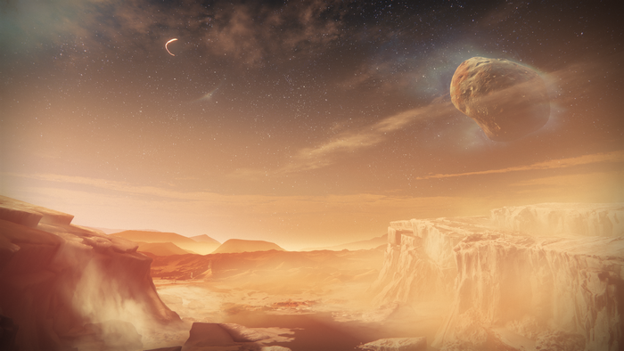 Destiny 2: The Traveler and a Moon over a Rocky Planet