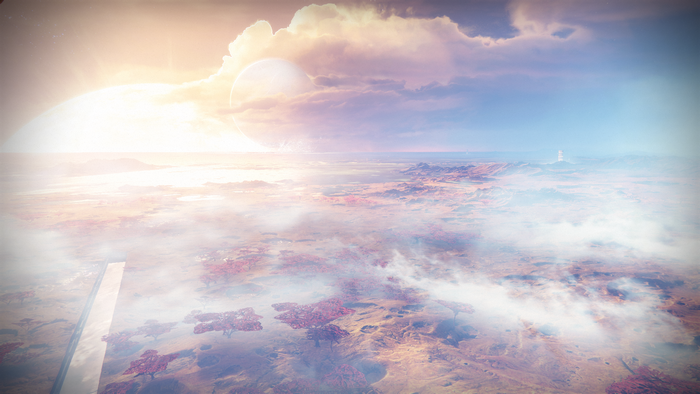Destiny 2 alien landscape with planets and clouds