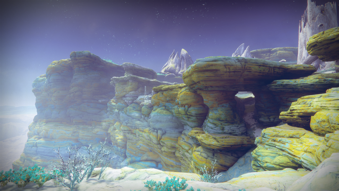 Destiny 2 alien landscape with rock formations
