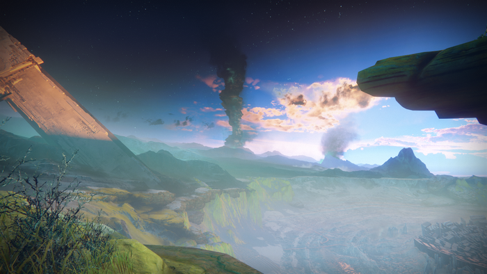 Destiny 2 landscape with volcanoes and alien structure
