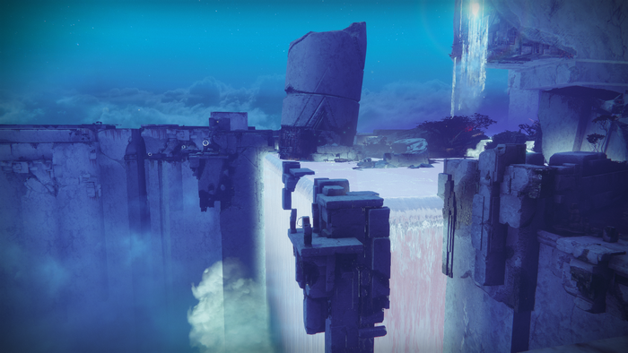 Destiny 2 video game environment with waterfalls