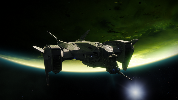 Spaceship in front of a planet and nebula
