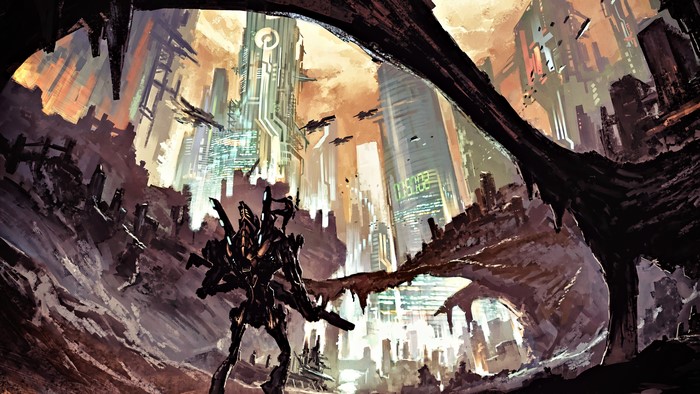 Futuristic Cyberpunk Cityscape with Mechanical Figure