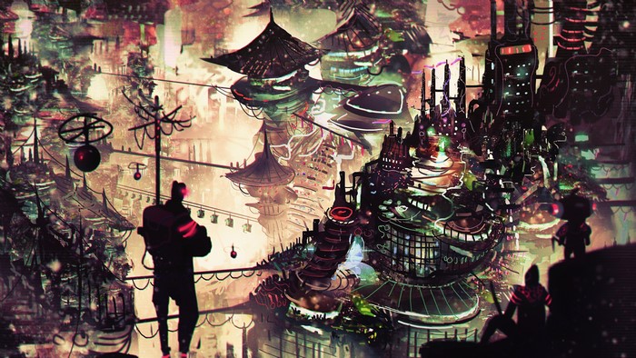Futuristic city concept art with figures