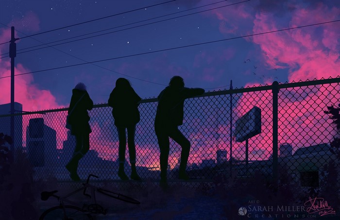 Three Silhouettes by a Fence at Sunset