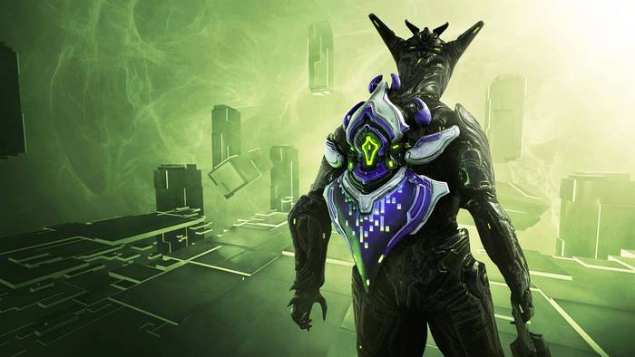 Loki from Warframe in a green, futuristic environment