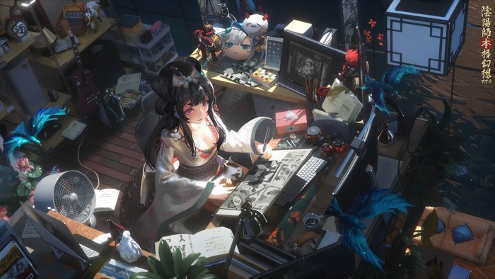 Anime girl in kimono at a cluttered desk with computer