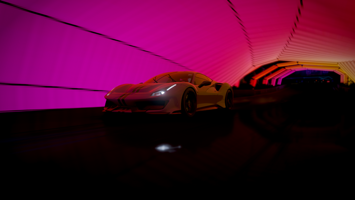 Ferrari 488 Pista in a neon tunnel
