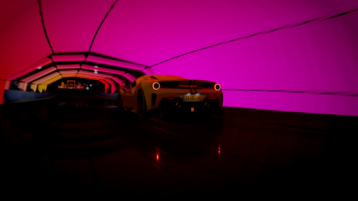 Ferrari 488 Pista in a neon tunnel