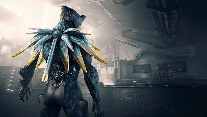 Warframe character with blue and gold wings