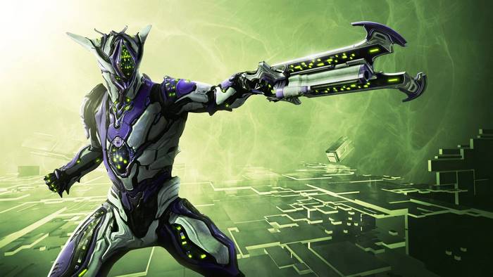 Loki from Warframe holding a weapon