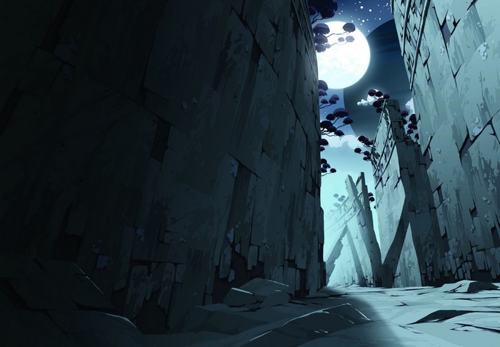 Ruined city street at night with a large moon