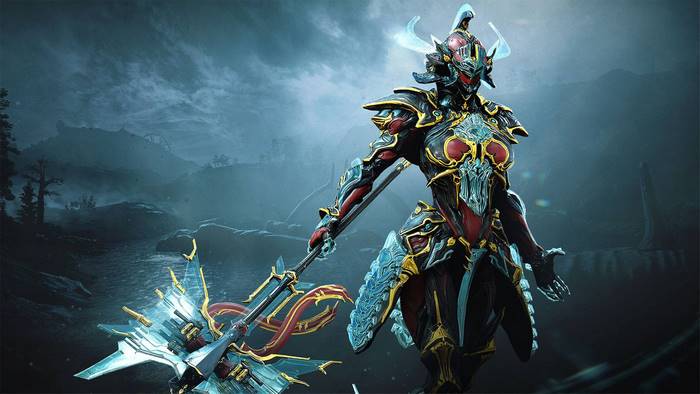 Gara Prime Warframe with a large axe in a misty landscape
