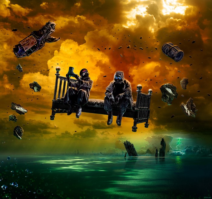 Two figures in gas masks on a floating bed