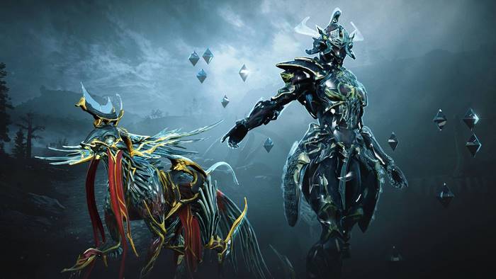 Warframe Gara Prime and companion in a dark landscape