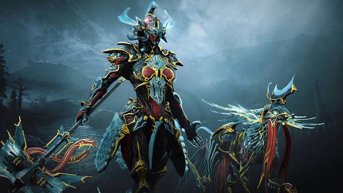 Gara Prime Warframe with companion in a misty landscape