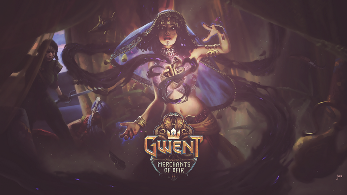 Gwent: Merchants of Ofir artwork with sorceress and warriors
