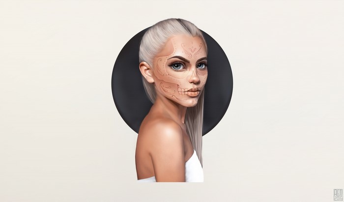 Artwork of a woman with Dia de los Muertos skull makeup