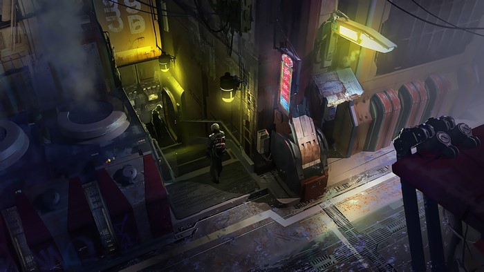 Futuristic urban alleyway with figures