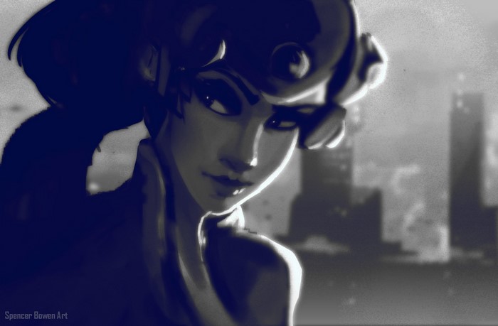Widowmaker from Overwatch in monochrome city