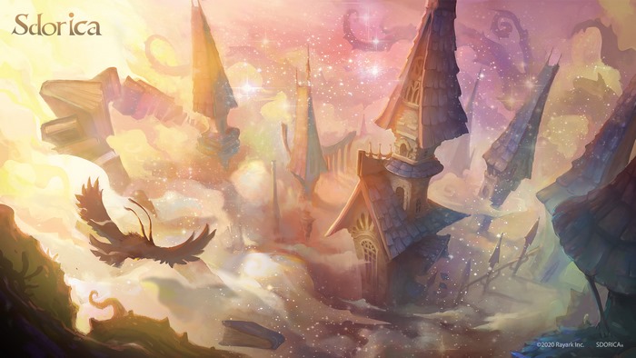 Sdorica fantasy cityscape with flying creature