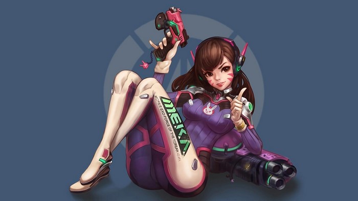 D.Va from Overwatch sitting with a gun