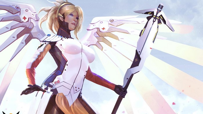 Mercy from Overwatch with wings and staff