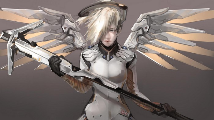 Mercy from Overwatch holding a Caduceus Staff