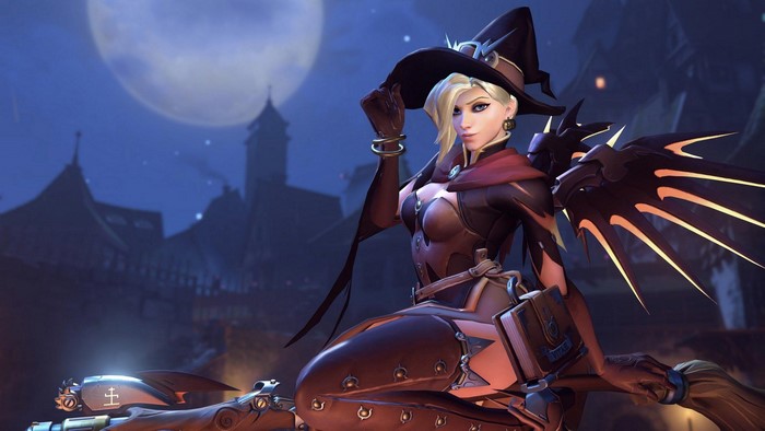 Witch Mercy from Overwatch on a broomstick