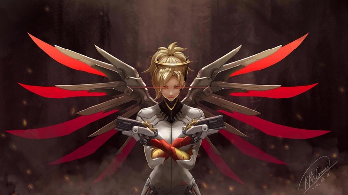 Mercy from Overwatch with wings and guns