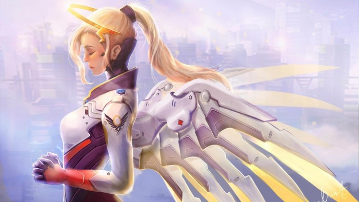 Mercy from Overwatch with wings in a city