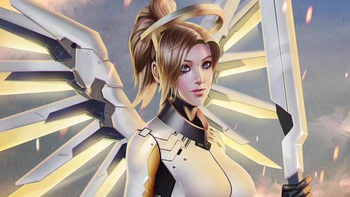 Mercy from Overwatch with wings and staff