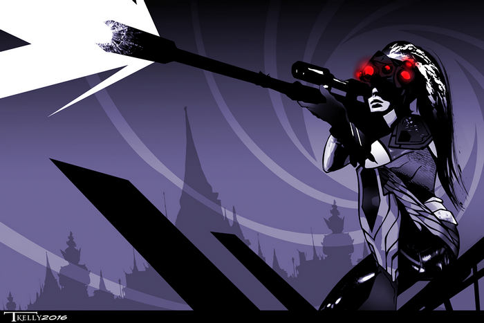 Widowmaker from Overwatch aiming a sniper rifle