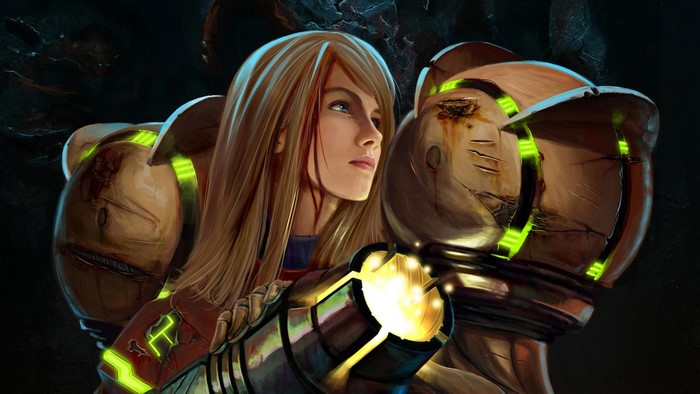 Samus Aran from Metroid in damaged power suit