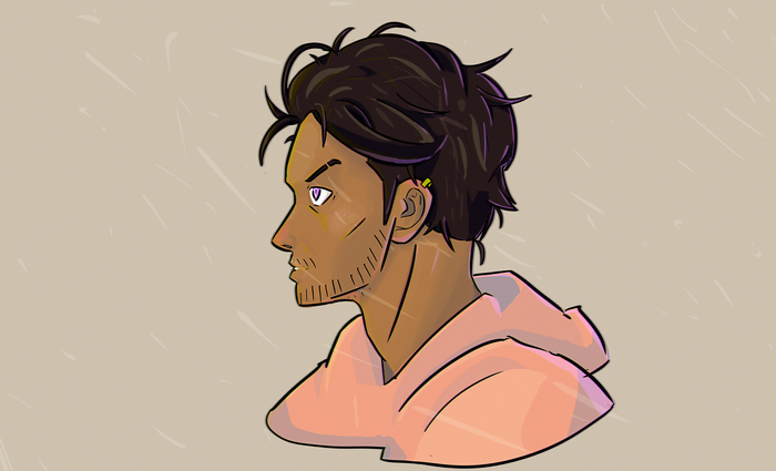 Man with dark hair and pink hoodie