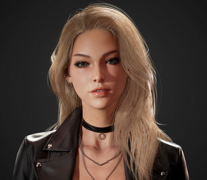 Woman with blonde hair wearing a leather jacket and choker