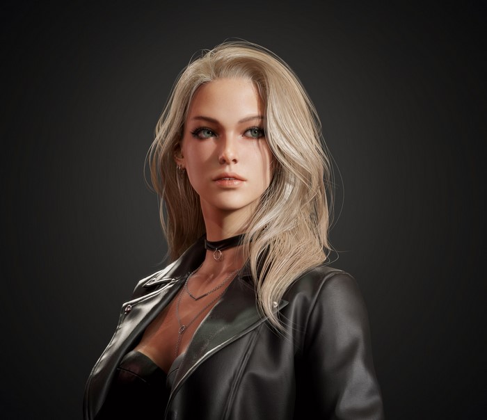Woman with blonde hair wearing a leather jacket and necklace