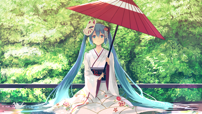 Hatsune Miku in Kimono with Fox Mask and Umbrella
